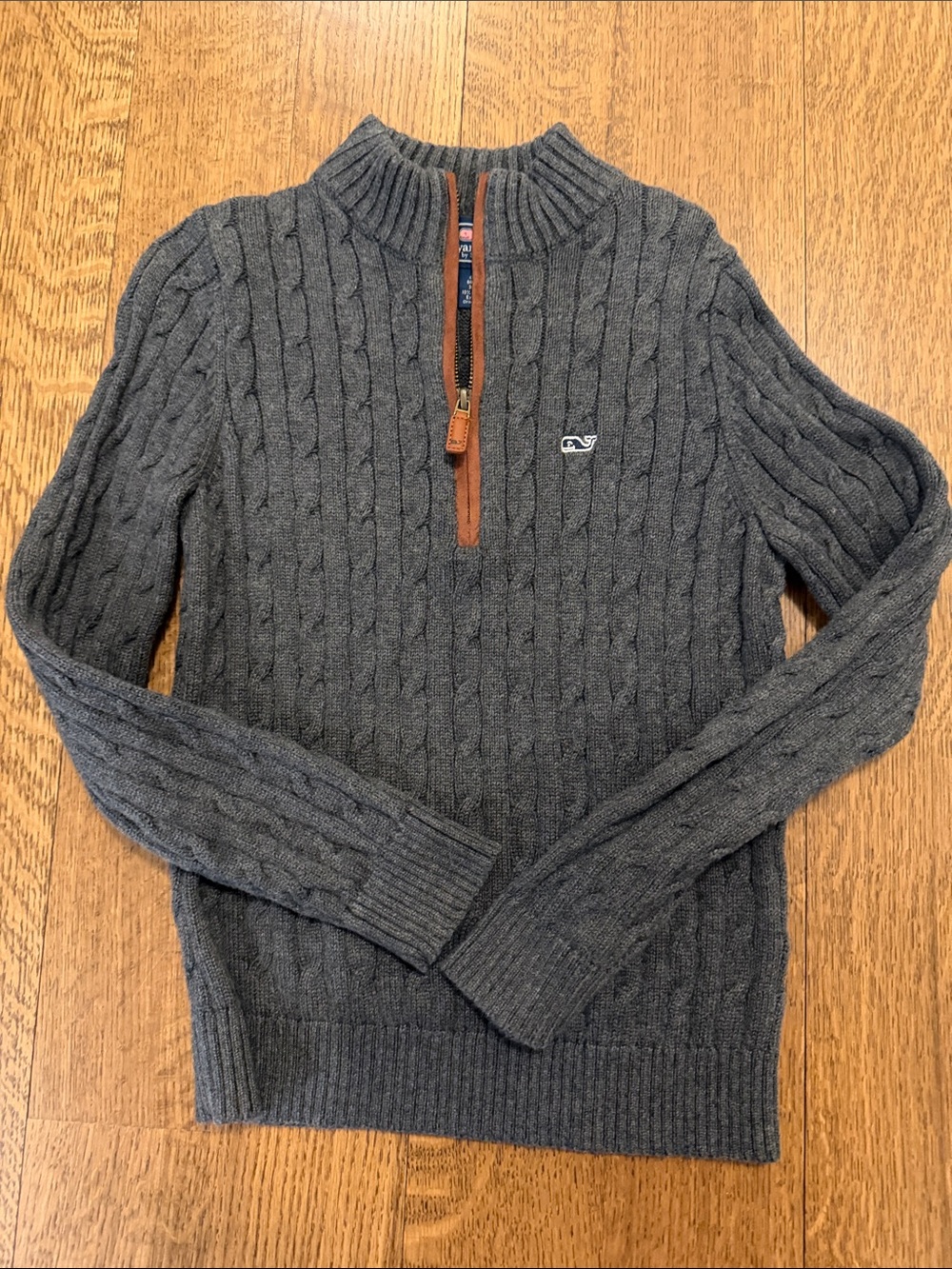 Vineyard Vines Men's Cable-Knit Quarter Zip Sweater - Charcoal with Brown Trim
